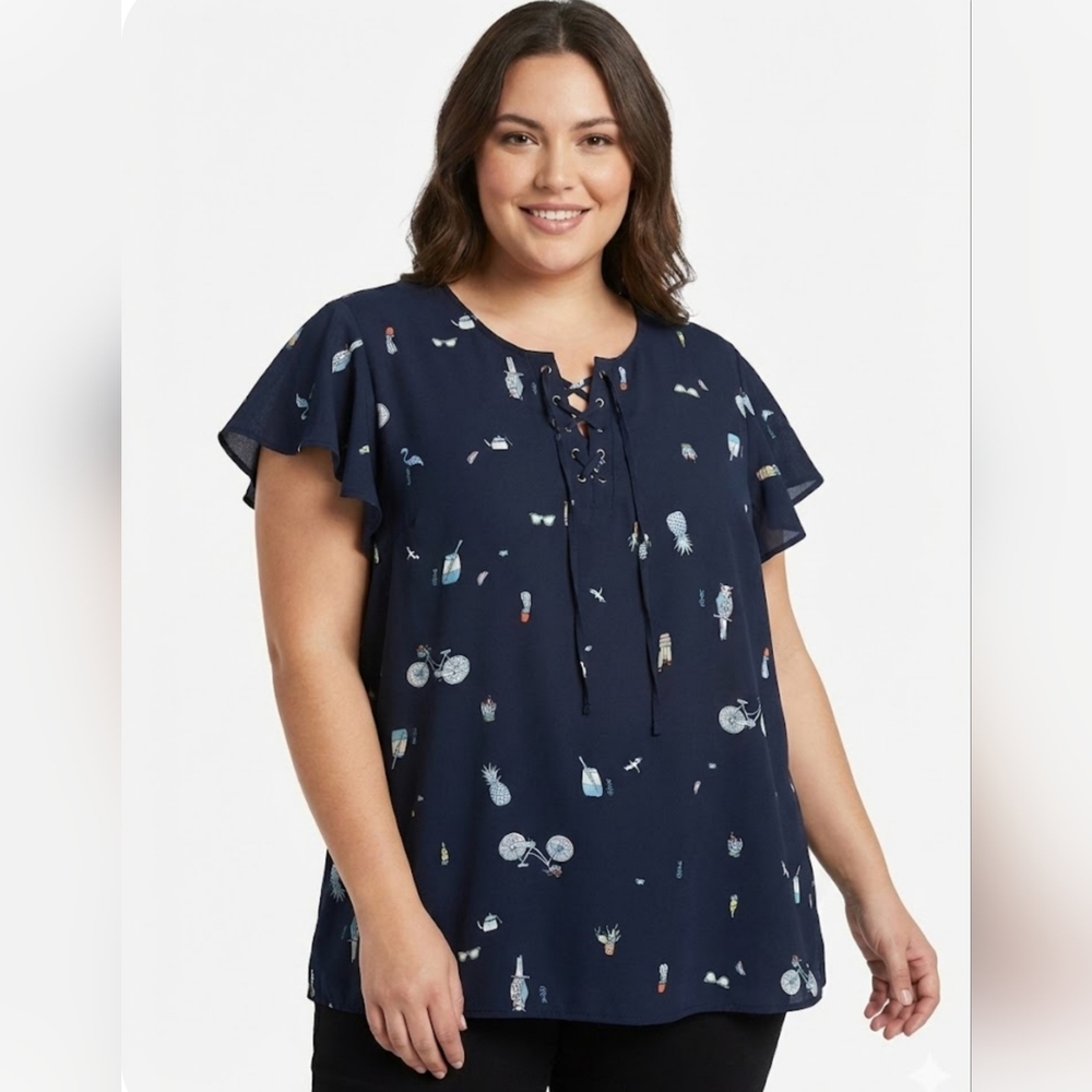 Claire France Plus Size Top – Navy Blue Fun Print Tunic – Size 2X( 24)